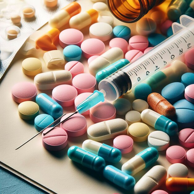 Closeup view of colorful medical pills and syringe medicine and healthcare concept