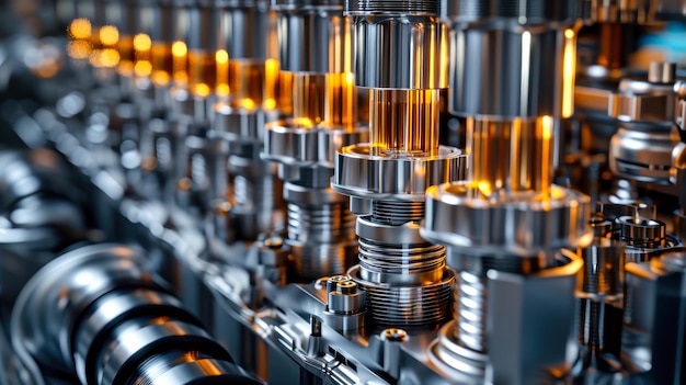 Closeup view of a complex machine with numerous gears working together in the production process of a modern engine at a hightech factory