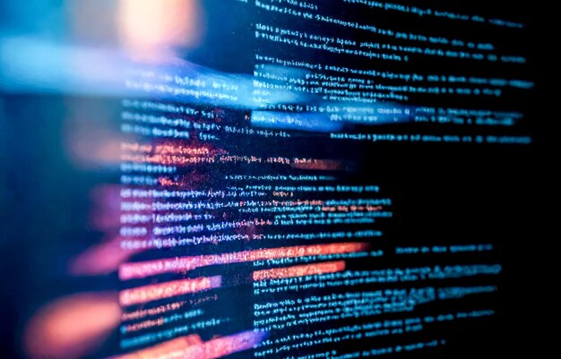 Closeup view of computer screen showing lines of digital code Blurred ...