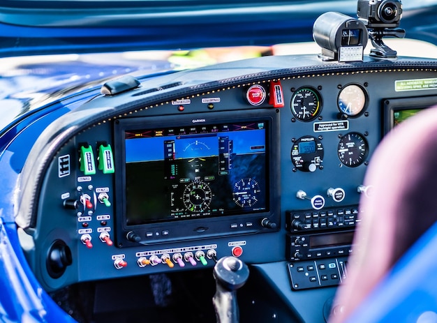 Closeup view of control pannel of the sport plane