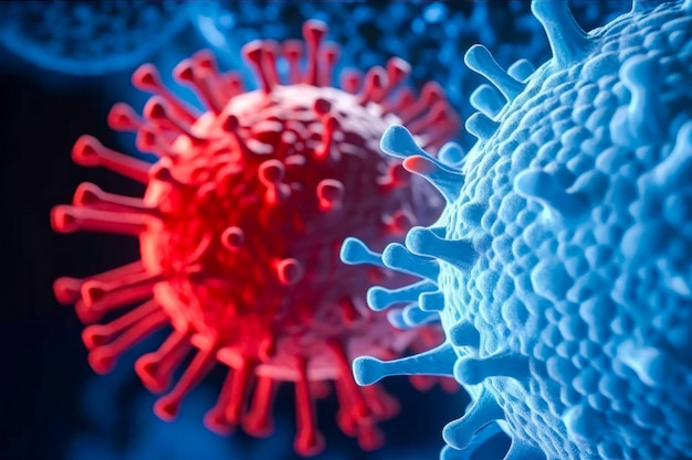 A closeup view of a coronavirus particle with its characteristic spiky surface and spherical shape g