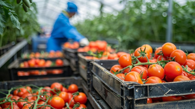Близкий взгляд на ящики с красными зрелыми помидорами внутри теплицы рядом с рабочими