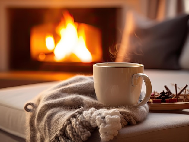 Closeup view of a cup of tea or coffee by the fireplace