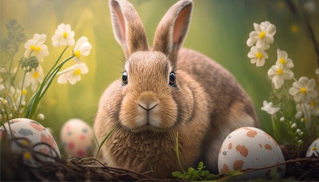 Closeup view of cute bunny in garden with eggs for Easter