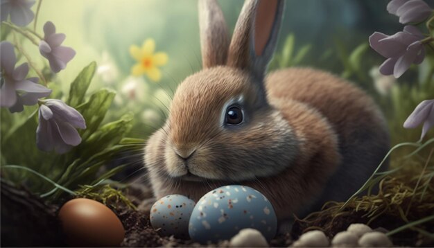 Closeup view of cute bunny in garden with eggs for Easter