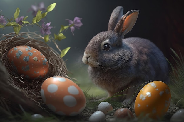 부활절 축제 Generative ai를 위한 정원 wth 계란에 있는 귀여운 토끼의 근접 촬영 보기
