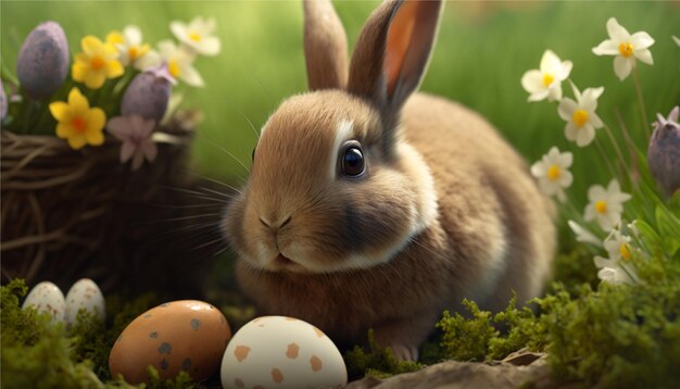 Closeup view of cute bunny in garden wth eggs for easter festival