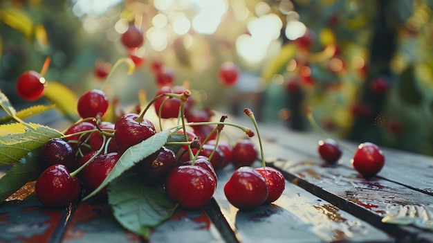 Closeup view of delicious cherries on wooden table in the garden