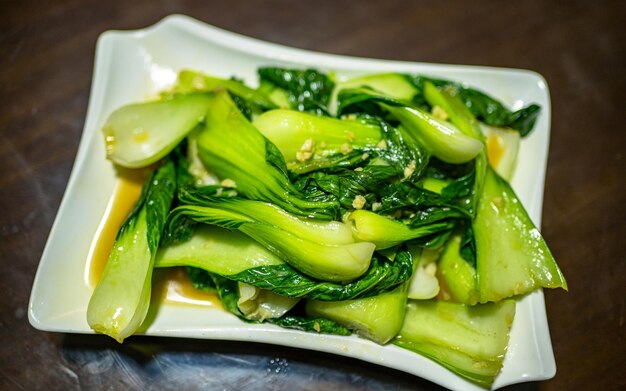 맛있는 중국  ⁇ 긴 요리 채소 의 클로즈업 뷰