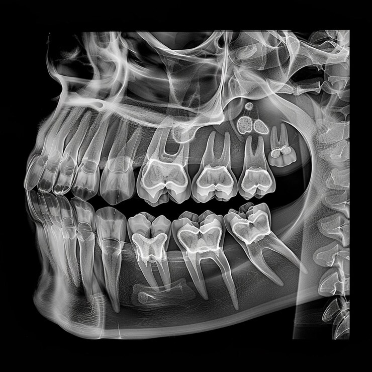 Closeup view of dental examination with a mirror reflecting healthy white teeth suggesting dental