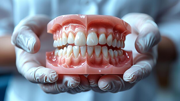 Closeup view of a dentist holding a denture Complete denture concept photo Prosthetic dentistry False teeth