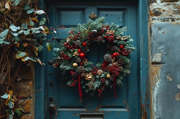 a closeup view of a door adorned with a Christmas wreath