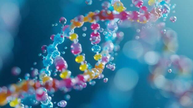 A closeup view of a double helix structure with colorful beads representing the different nucleotide