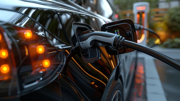 Closeup view of an electric car being charged focusing on the power supply connection The image captures the intricate details of the charging port and cable with a special AI Generative