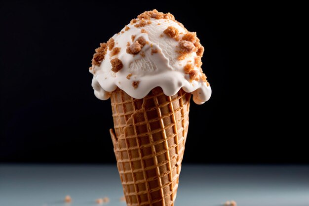 A closeup view of an elegant cone with vanilla ice cream and decoration on top