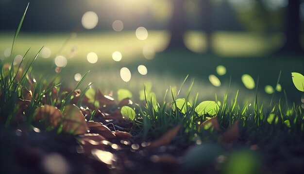 Photo closeup view of falling leaves on grass in morning sunlight with bokeh