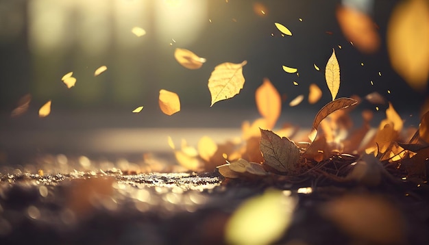 Closeup view of falling leaves on grass in morning sunlight with bokeh