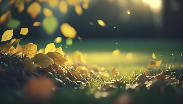 Photo closeup view of falling leaves on grass in morning sunlight with bokeh