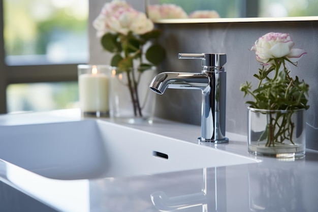 Closeup view of faucet and sink in the bathroom interior