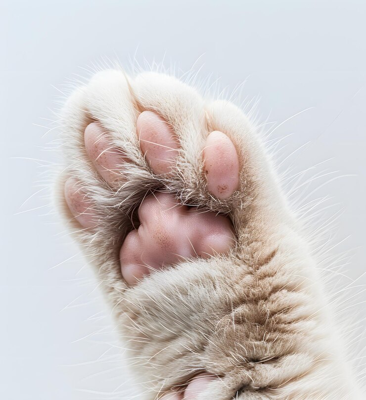 Photo closeup view of a fluffy cats paw with pink pads and sharp claws