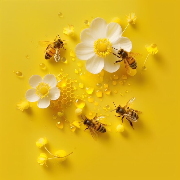 Closeup view of a flying honey bee between flowers