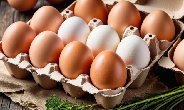 A closeup view of fresh chicken eggs neatly arranged in an egg box highlighting organic and natural