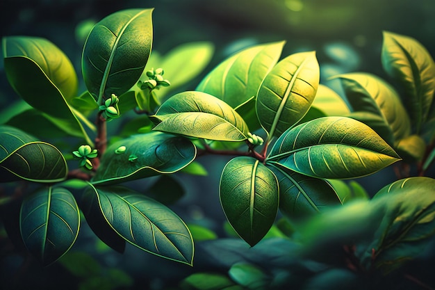 A closeup view of fresh green leaves in a forest