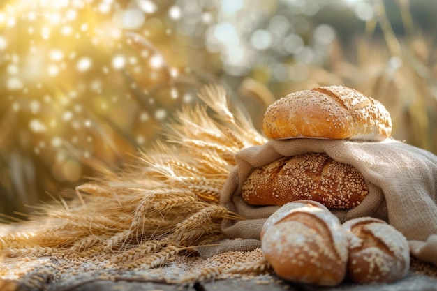 A closeup view of freshly baked bread and ripe wheat grains displayed on a rustic wooden table