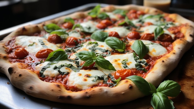 A closeup view of a freshly baked margherita pizza showcasing bubbling mozzarella cheese and basil