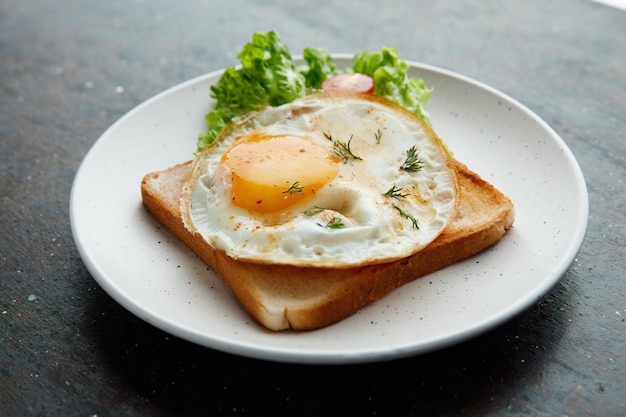 Closeup view of fried egg with lettuce and tomato on dried bread slice in plate on black background