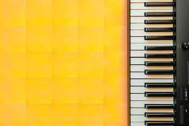 Photo closeup view from above electronic keyboard as a musical instrument with a yellow backdrop generative ai