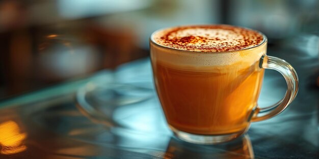 CloseUp View of a Frothy Cappuccino in a Glass Mug on a Cafe Table