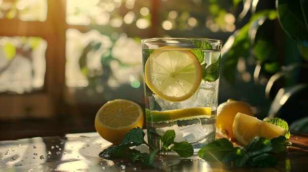 Foto vista ravvicinata di un bicchiere d'acqua con una fetta di limone o lime sul tavolo decorato con menta