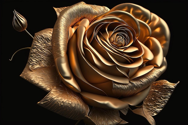 Closeup view of a golden rose The rose has intricate details and appears to be made of metal possibly gold The stem and leaves are also gold and have a shiny reflective surface Generative AI