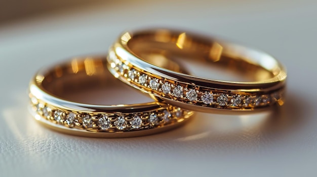 Closeup view of golden wedding rings and beautiful small blue flowers on wooden tabletop