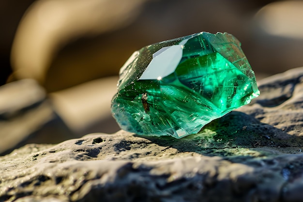 A closeup view of a green crystal on a rough grey stone surface