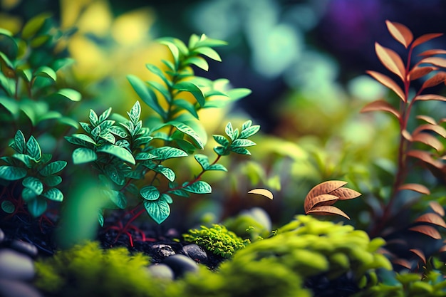 A closeup view of the green foliage and plants in a forest