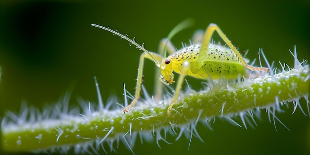 식물 줄기 위에 있는 초록색 곤충의 클로즈업 뷰 자연 사진은 배경과 텍스처에 완벽합니다.
