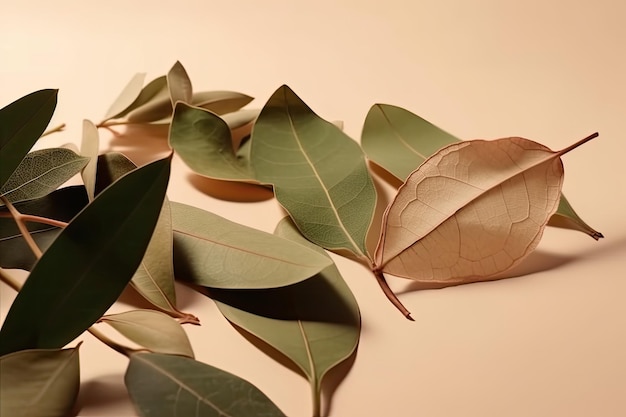 Closeup view of a green leaf on a wooden table Generative AI