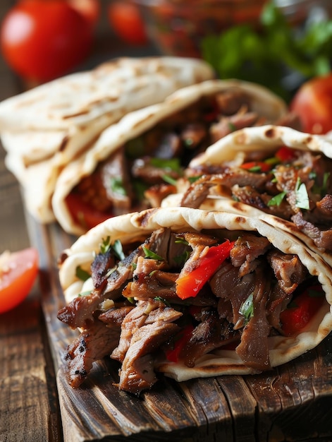 A closeup view of grilled meat tacos nestled in soft tortillas and garnished with fresh herbs The juicy meat is complemented by vibrant red tomatoes and greens in the background