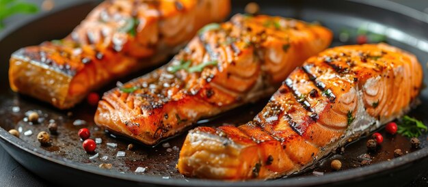 Photo closeup view of grilled salmon steak on a pan