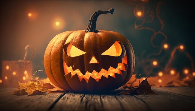 Closeup view of halloween pumpkin with blur halloween background Generative ai