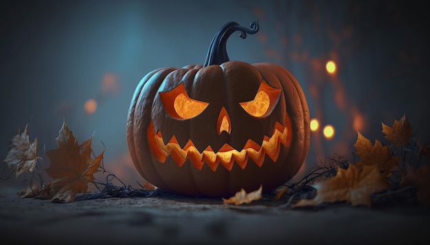 Closeup view of halloween pumpkin with blur halloween background Generative ai