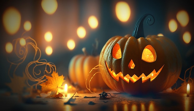 Closeup view of halloween pumpkin with blur halloween background Generative ai