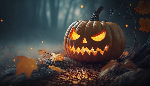 Closeup view of halloween pumpkin with blur halloween background Generative ai