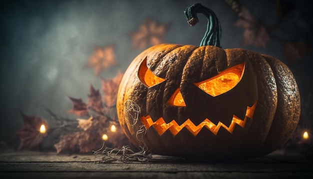 Closeup view of halloween pumpkin with blur halloween background Generative ai