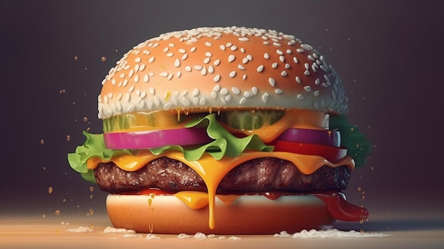 Closeup view of Hamburger with cheese and vegetables on dark background Generative Ai