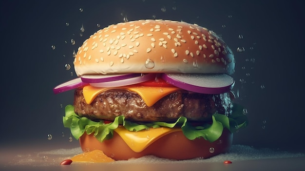 Крупный план гамбургера с сыром и овощами на темном фоне Generative Ai