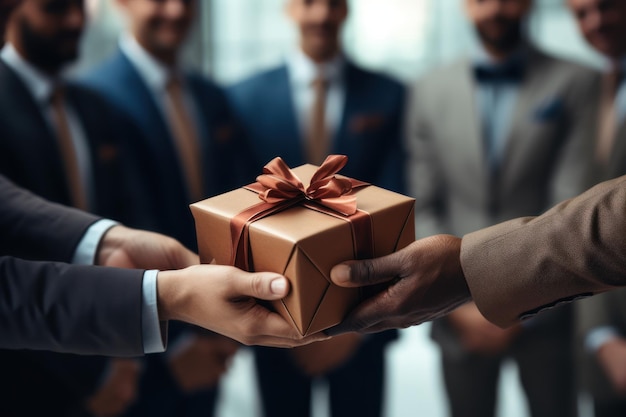 Closeup view of hands Giving a business gift in an office Generative AI