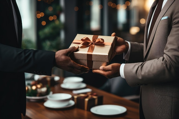 Closeup view of hands Giving a business gift in an office Generative AI